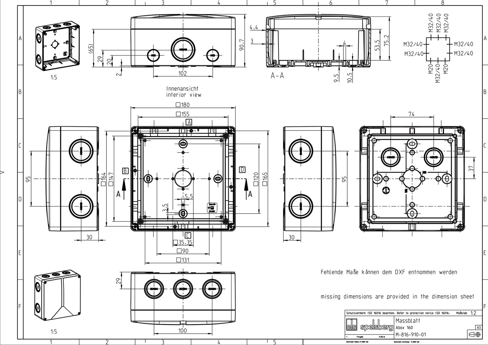 Abzweigdose IP65 16qmm 180x180x91mm gr Kst Wand/Decke hfr