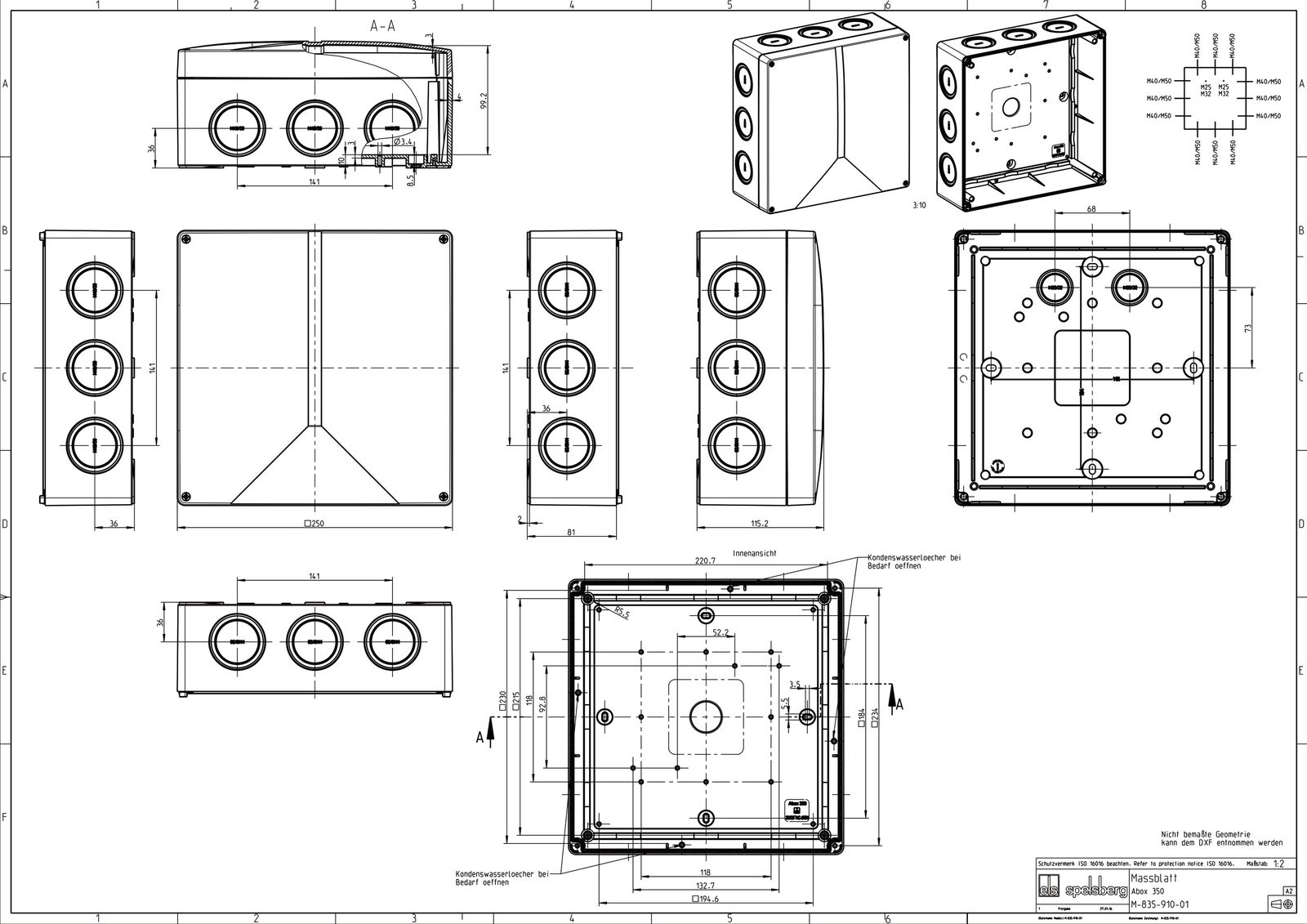 Abzweigdose IP65 35qmm 250x250x115mm gr Kst Wand/Decke hfr