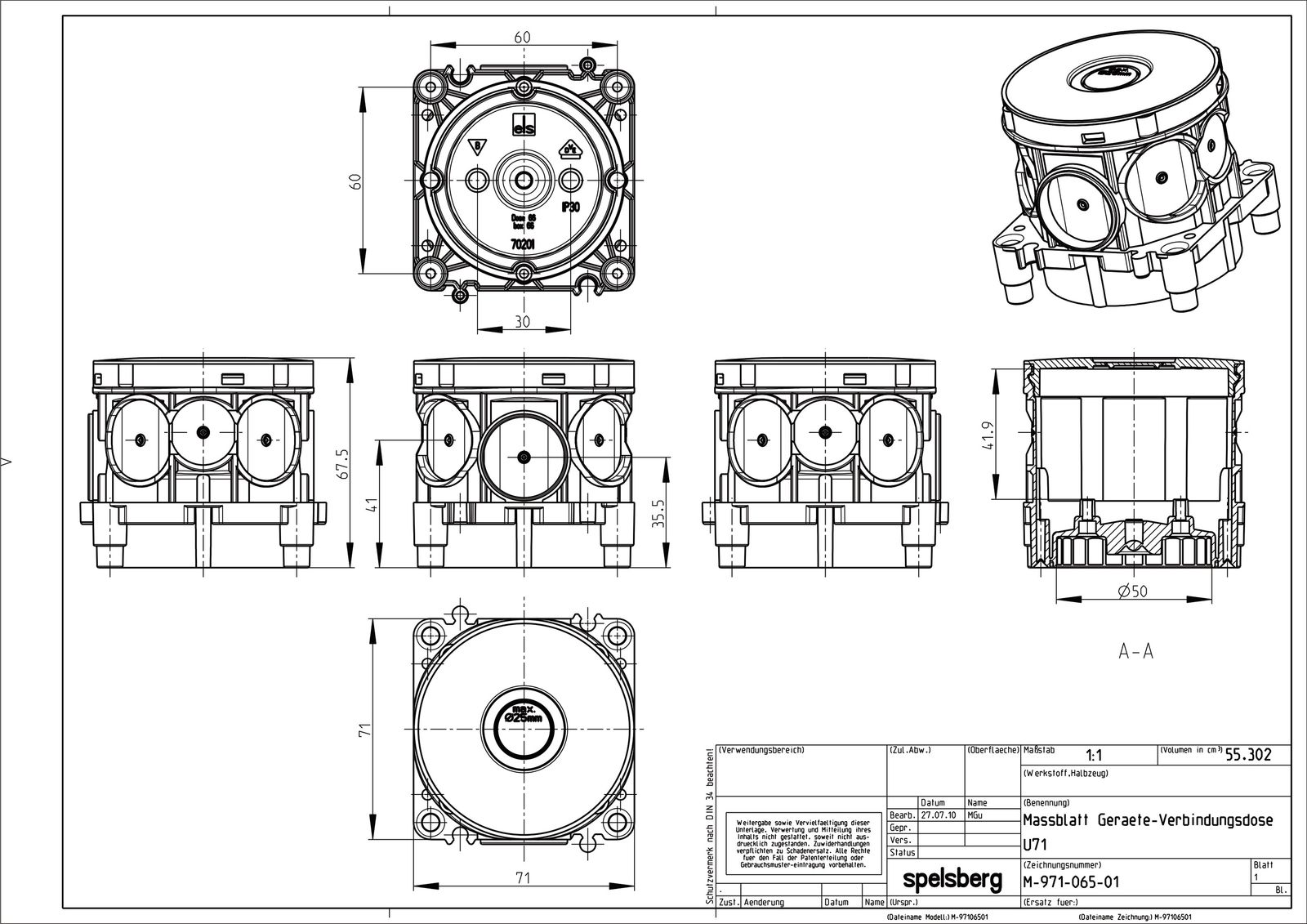Verbindungsdose Beton luf 71x71x68mm Kst Luftdicht IP30 Ger/VerbDose/kast quadrat