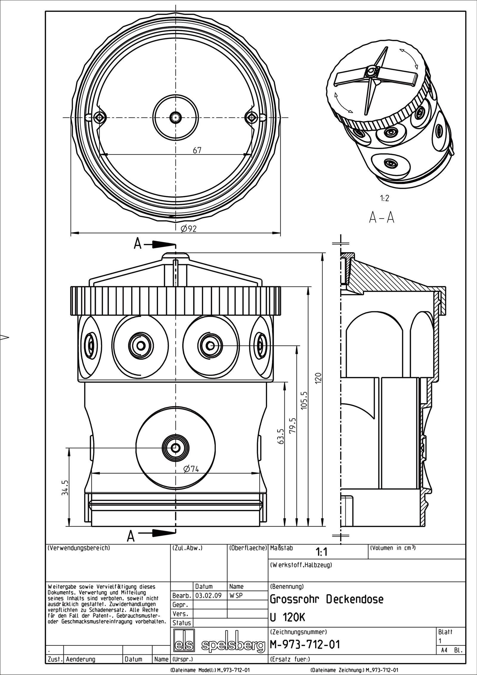 Verbindungsdose Beton luf Ø92x120mm Kst Luftdicht IP30 rnd