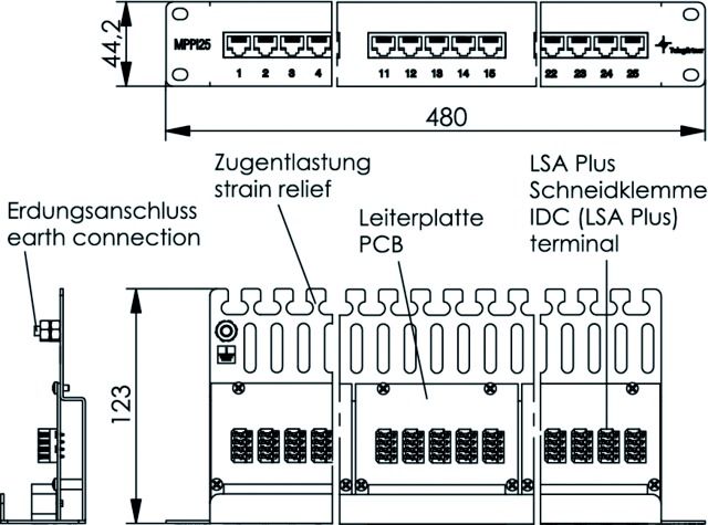 Patchpanel 25Ports 1HE Cat3 RAL7035 19Zoll-Einbau