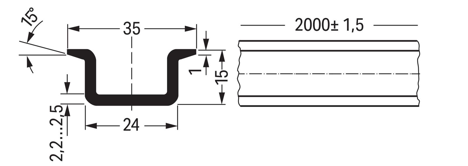 Tragschiene ST g/vz Serie 210 L2000mm Hut_35/15mm