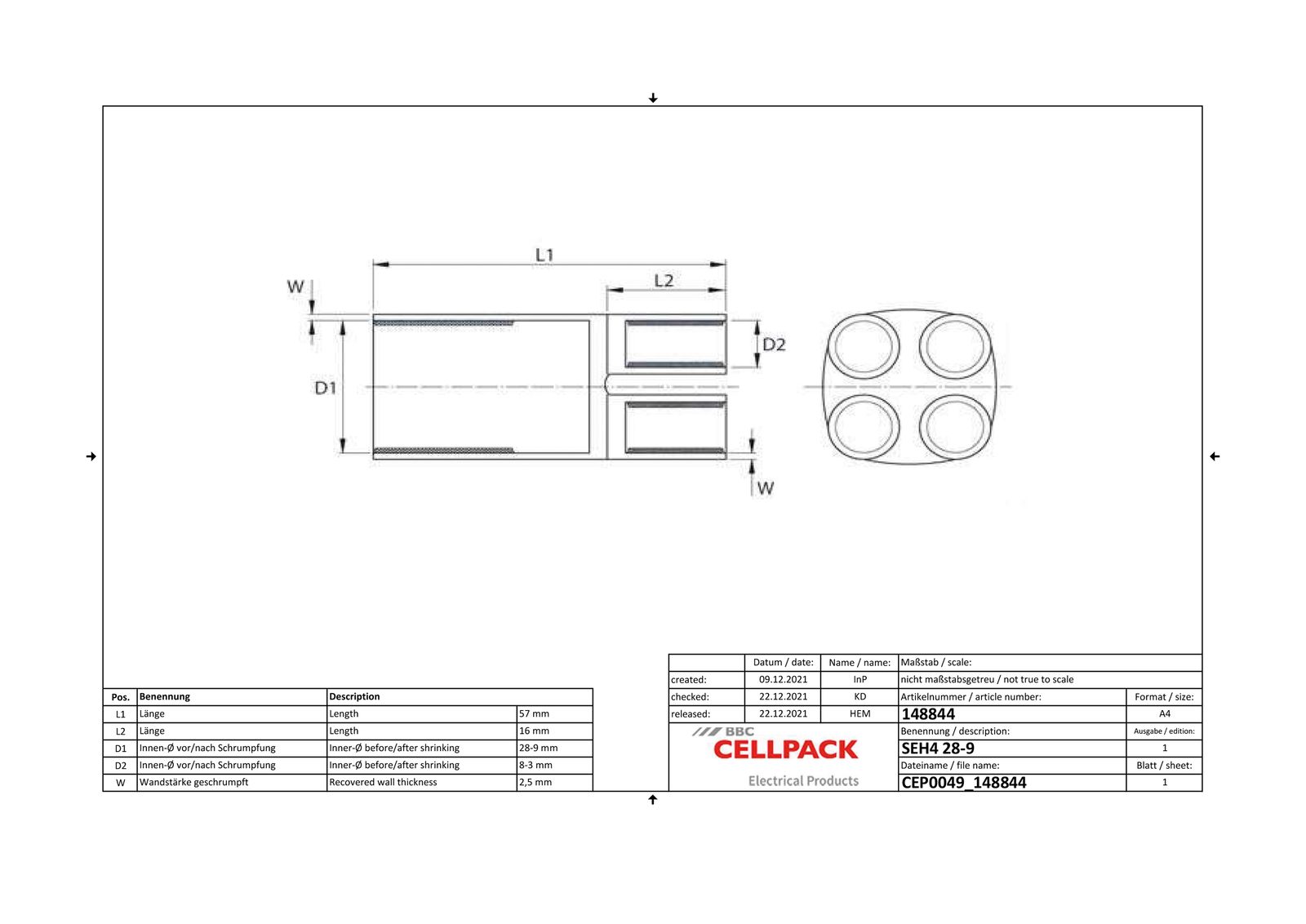 Aufteilkappe Warmschrumpf 4adrig Ø28/9mm 1,5-10qmm 70mm f.4p Kab Ø8/2mm -30-135°C