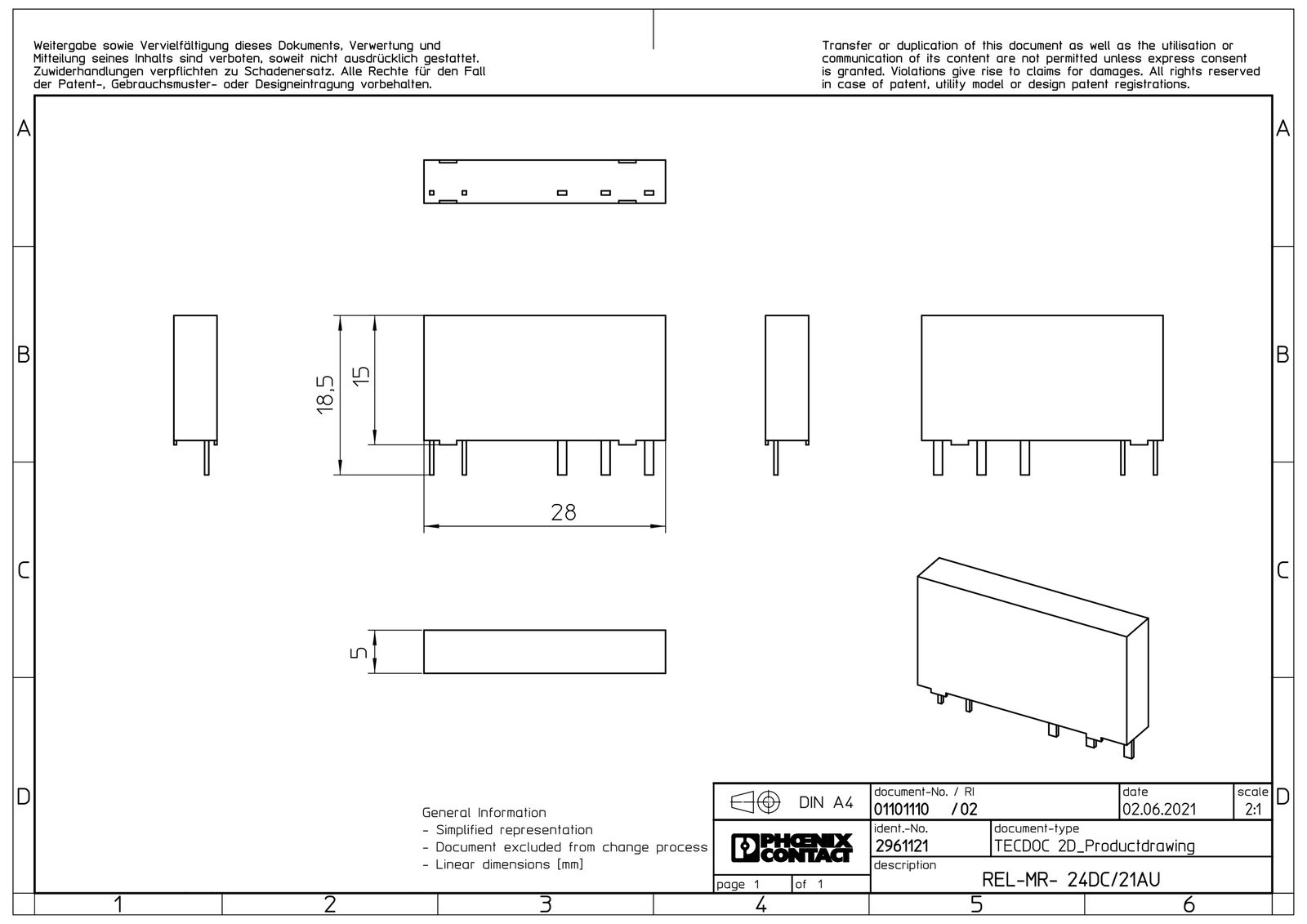 Schaltrelais 1W 5x28x15mm Steckanschl