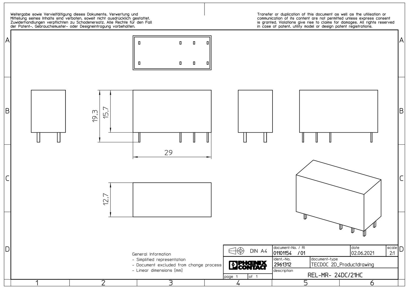 Schaltrelais 1W 12,7x29x15,7mm Steckanschl