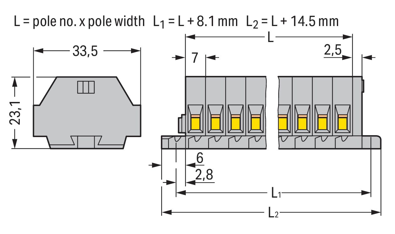 Klemmleiste 6p gr Serie 262 24A Thermopl 0,08-4qmm 56,5mm Federzugans