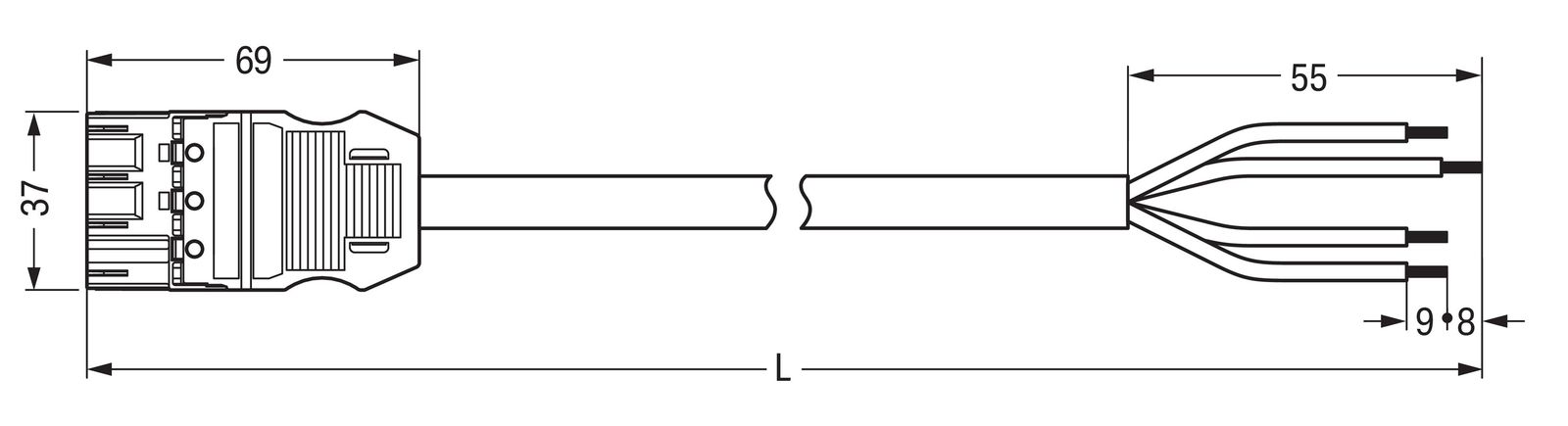 Systemverbindung 4p Serie 771 H05VV-F ws 1,5qmm 4x1,5qmm L4000mm Stecker fr.Ende
