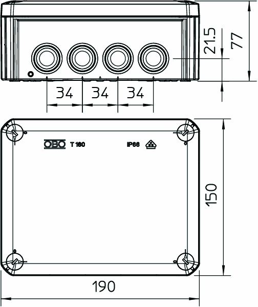 Abzweigdose IP66 16qmm 190x150x77mm lgr Kst Wand/Decke hfr