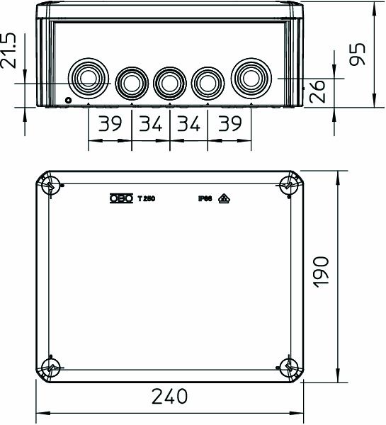 Abzweigdose IP66 25qmm 240x190x95mm lgr Kst Wand/Decke hfr