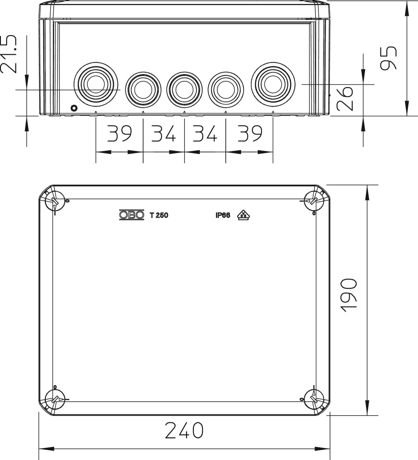 Abzweigdose IP66 25qmm 240x190x95mm lgr Kst Wand/Decke hfr