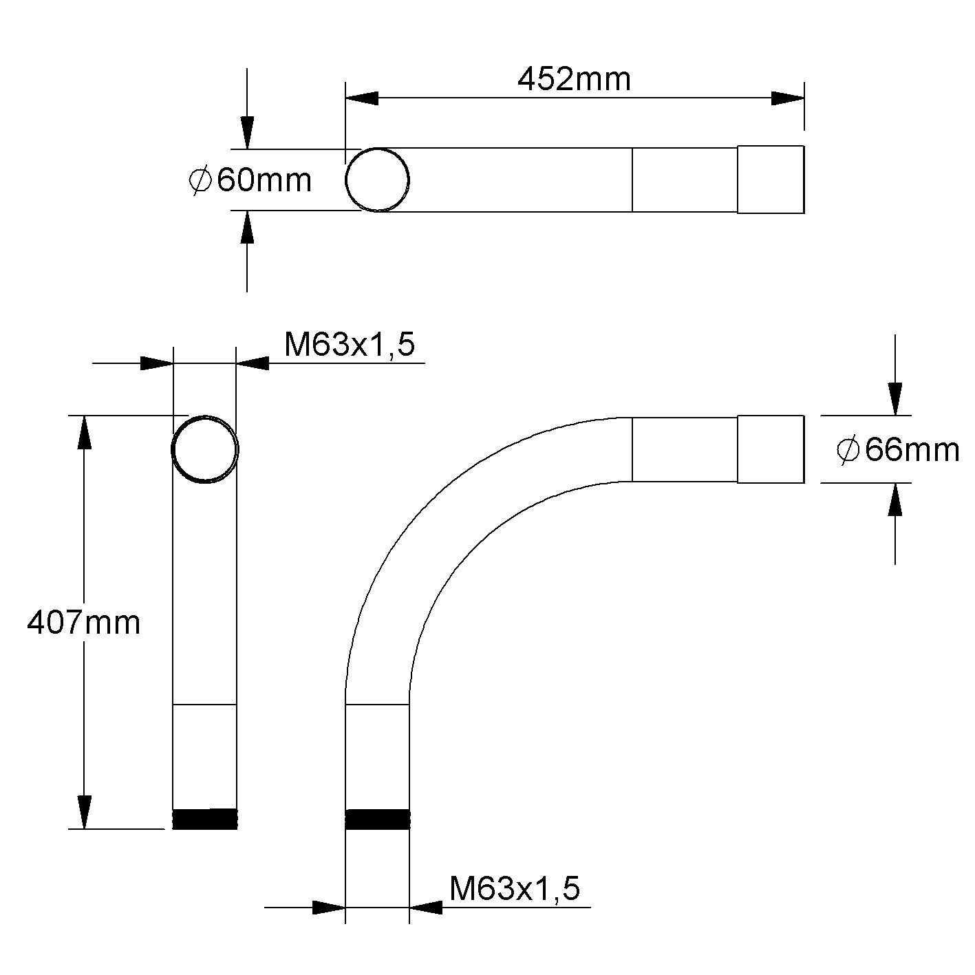 Alu-Gewindebogen Ø63mm unbeh Muffe hfr alu Mit Muffe