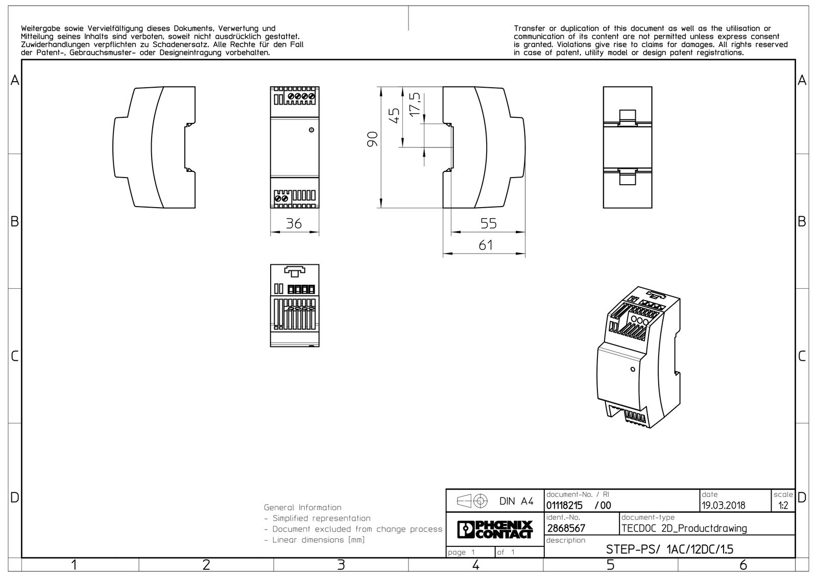 Gleichstromversorgung REG 12V 18W 1,5A 85-264VUC f.Reiheneinb 95-250VAC/DC 2TE