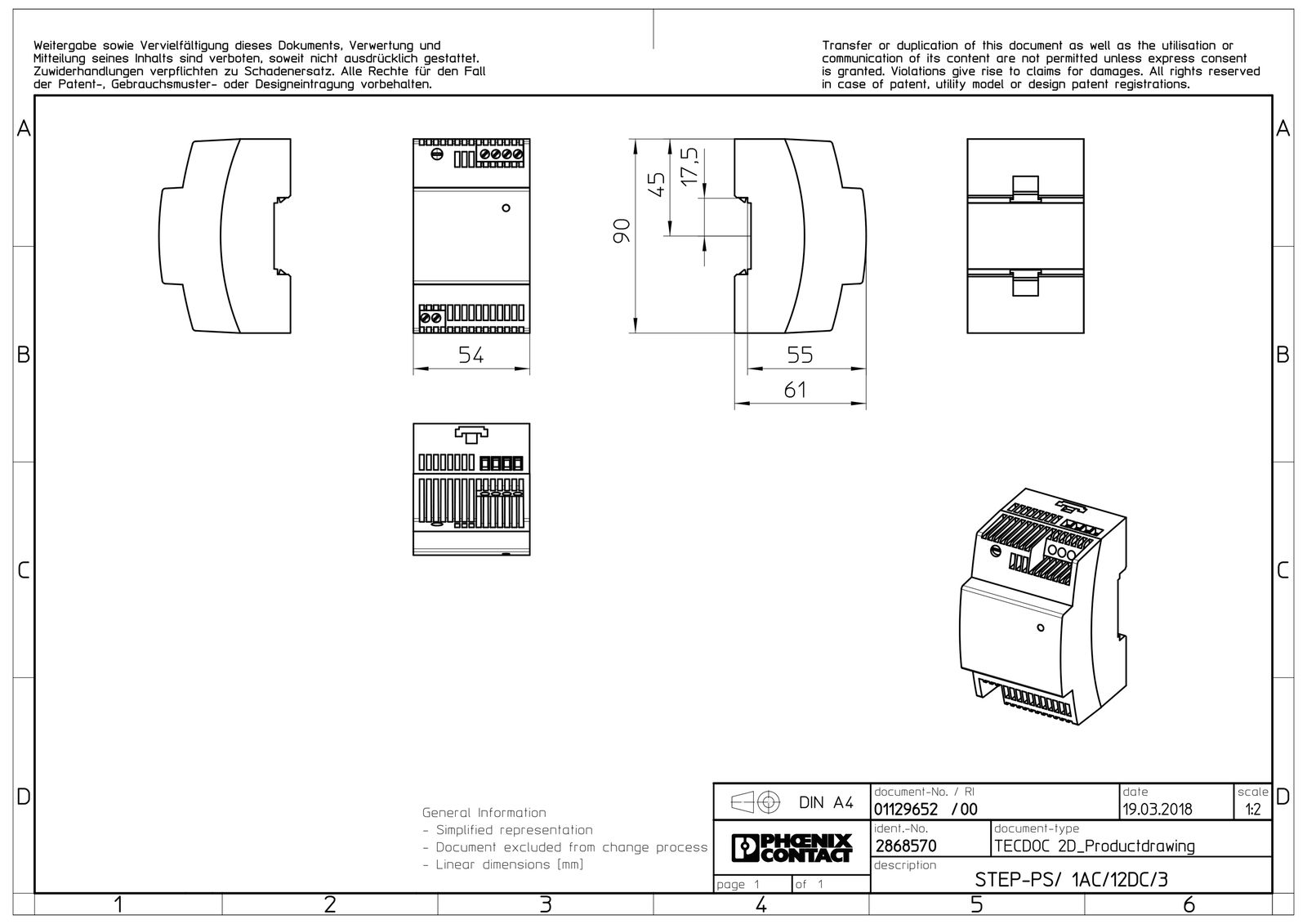 Gleichstromversorgung REG 12V 36W 3A 3TE 85-264VUC f.Reiheneinb 95-250VAC/DC IP20