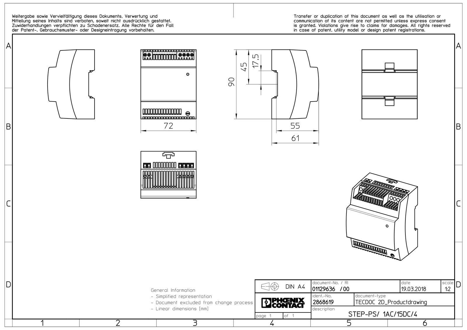 Gleichstromversorgung REG 15V 60W 4A 4TE 85-264VUC f.Reiheneinb 95-250VAC/DC IP20
