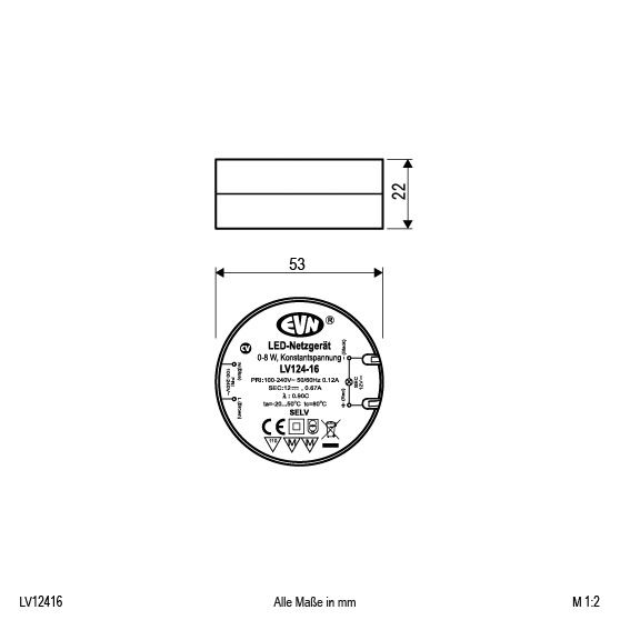 LED-Trafo 0,1-8W 8-667mA 12V IP20 Kstgeh stat 53x53x18mm