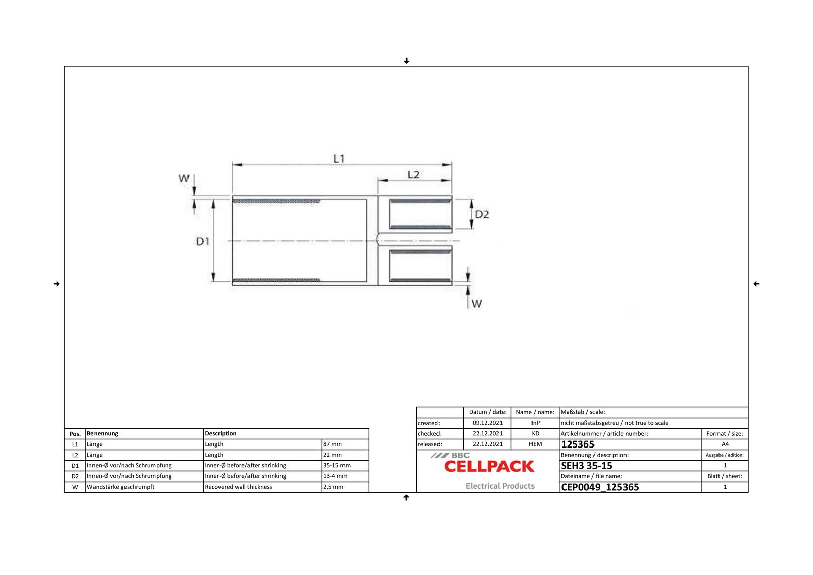 Aufteilkappe Warmschrumpf 3adrig 6-35qmm 100mm f.3p Kab Ø35/15mm Ø13/4mm
