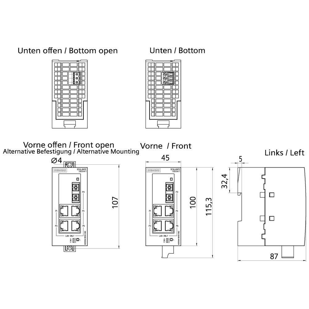 Switch Hutschiene 4x10/100Mbps Layer 2 1x100Mbps/SC