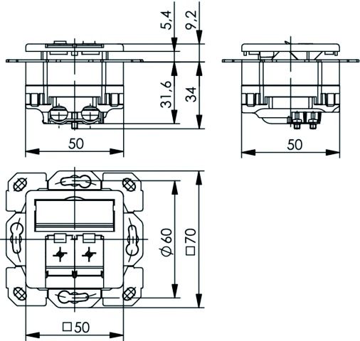 Anschlussdose Cat6A 2xRJ45 LSA Kanaleinb aws schräg m.Staubschutz
