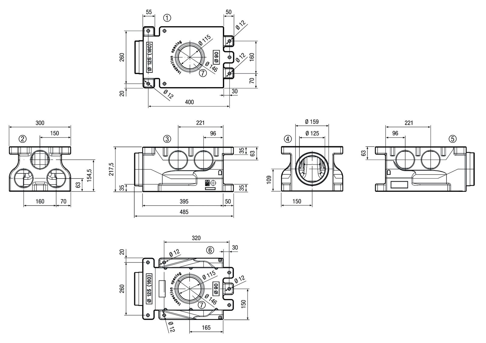Luftverteiler 7f DN90 sw Kst 490x300x220mm