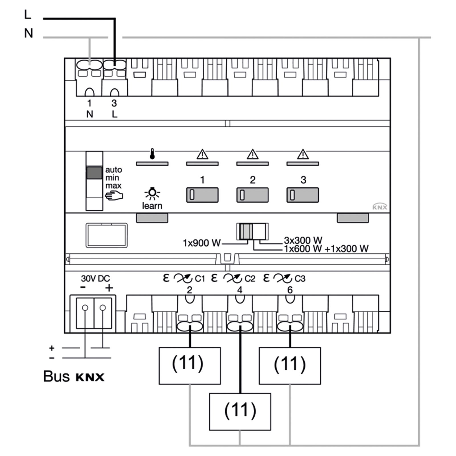 Dimmaktor KNX 900W REG 6TE 3Ausg uni Vor Ort-/Handbedienung