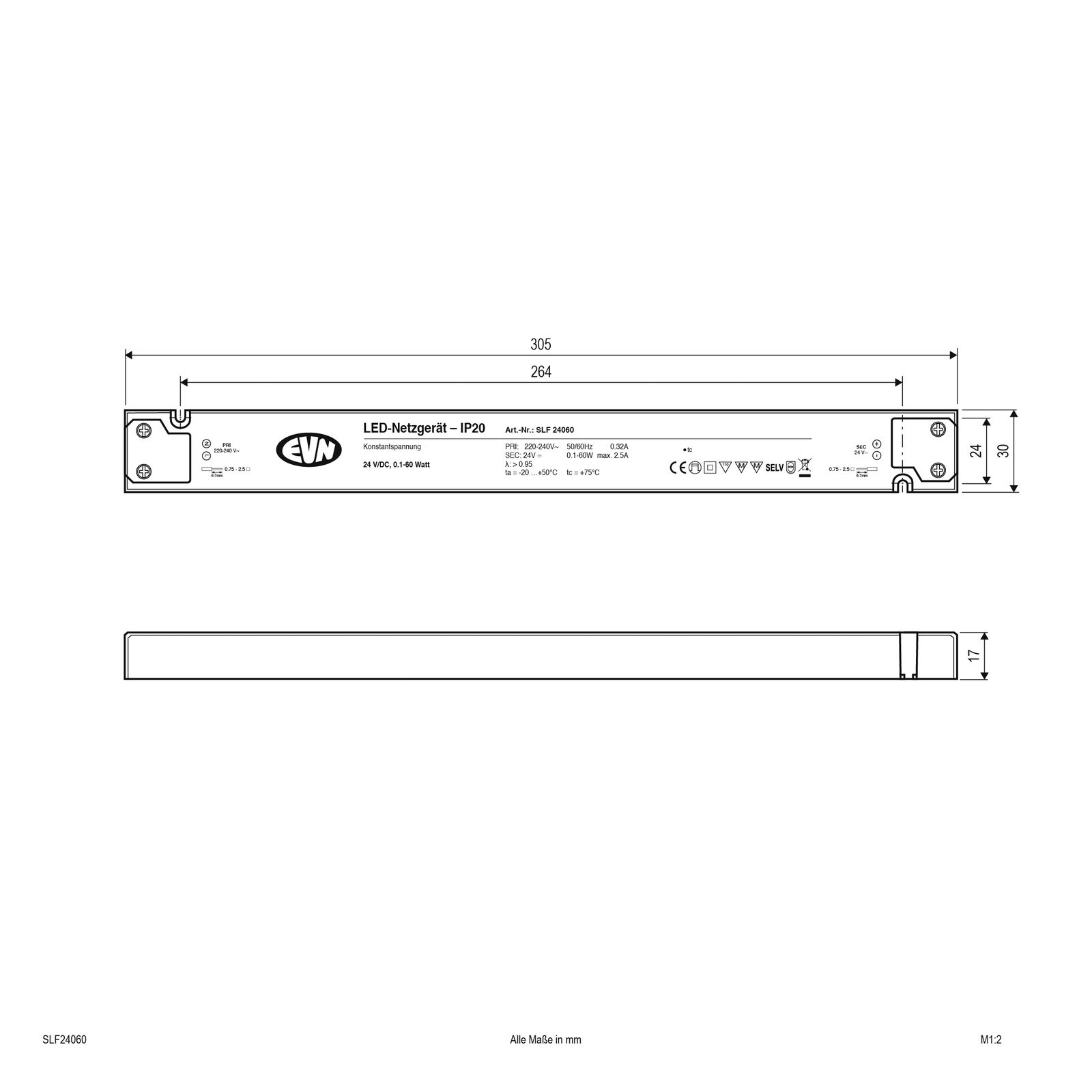 LED-Trafo 0,1-60W 4-2500mA 24V IP20 stat Kstgeh 306x30x17mm