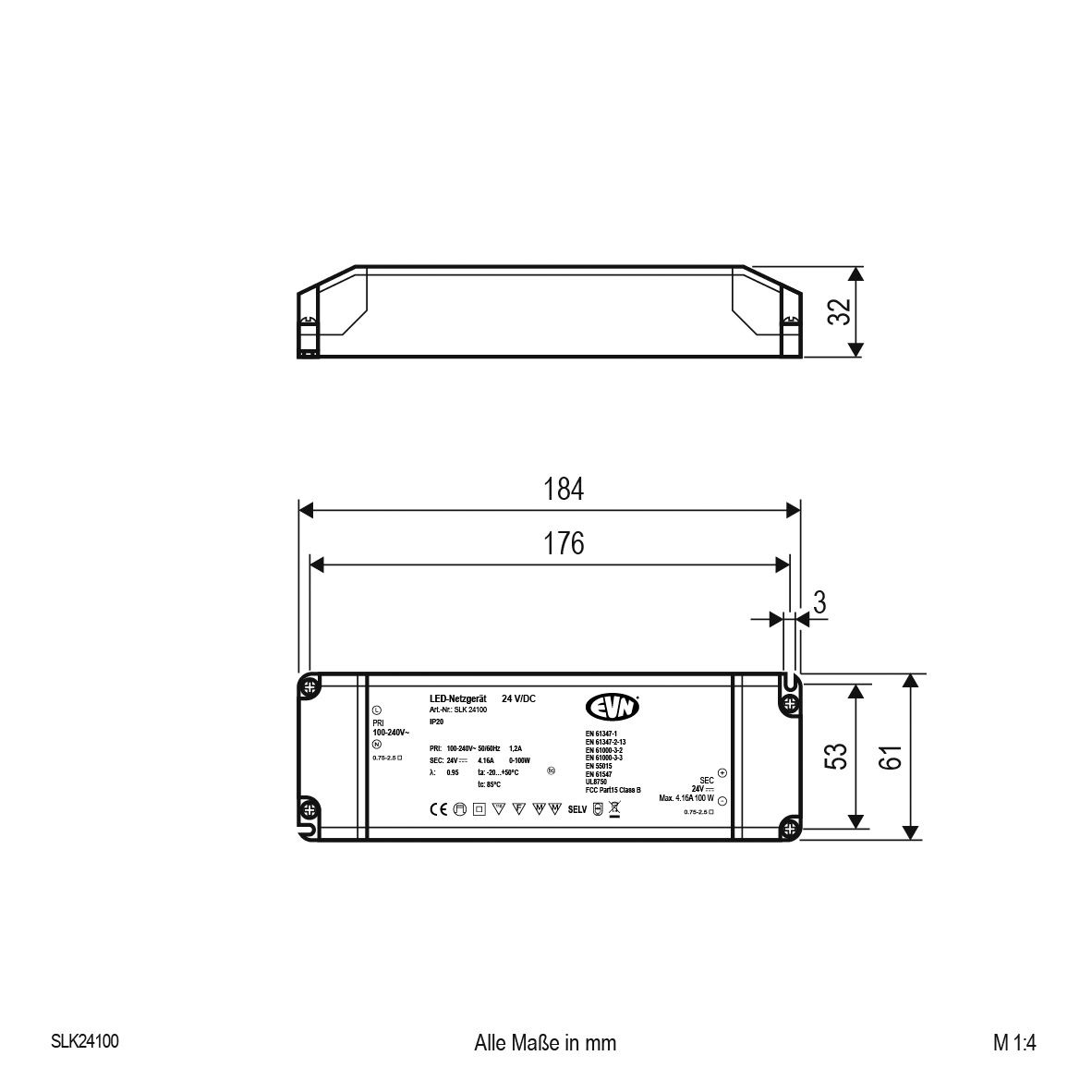 LED-Trafo 0,1-100W 24V IP20 Kstgeh stat 184x60x32mm