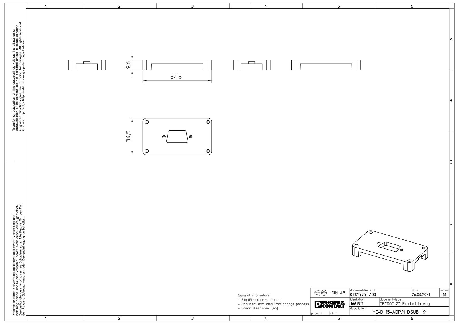 Adapterplatte Kst 1xD-Sub 57x23mm IP54