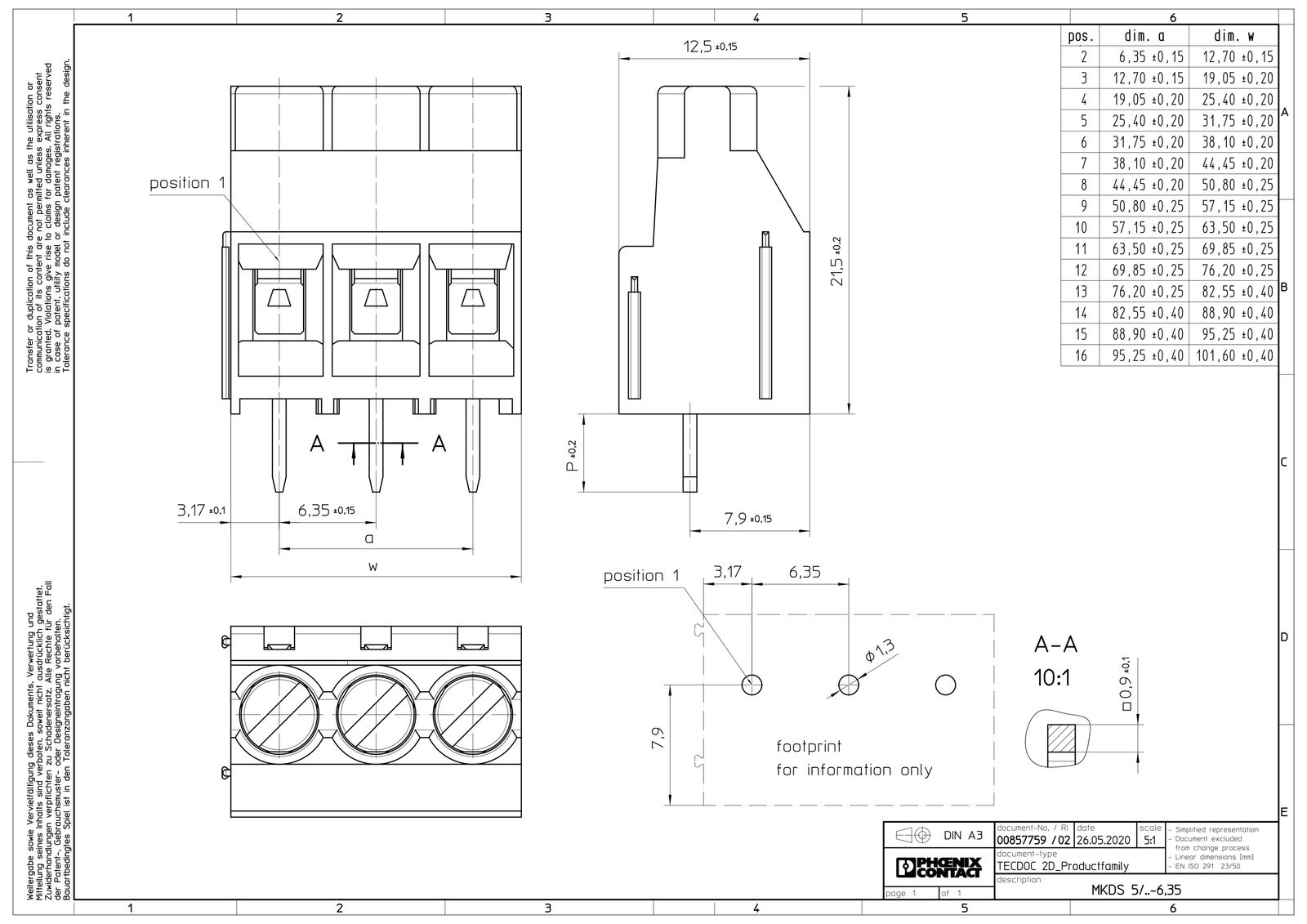 Printklemme 5f 1re sw RM=6,35 0,2-1,5qmm Schraub/Löt 0,25-0,75qmm