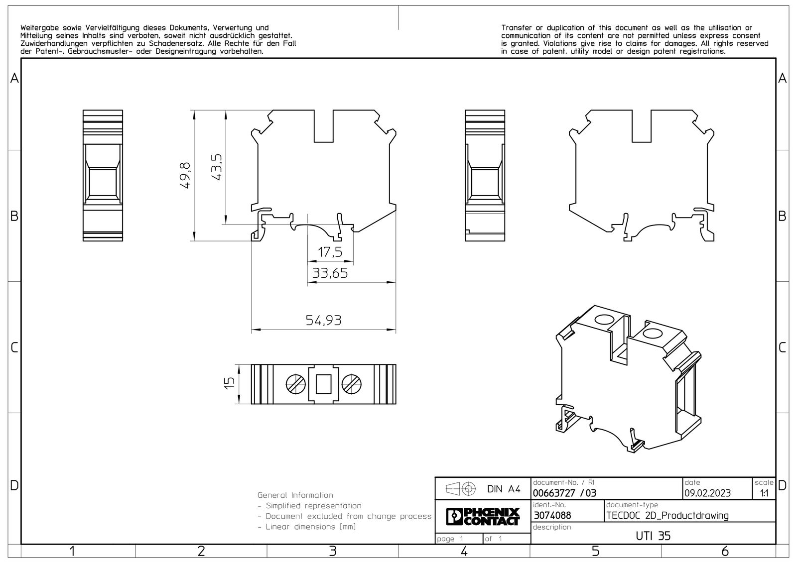 Reihenklemme 0,75-35qmm 1Etage gr 125A TS35 Hutschiene TH35