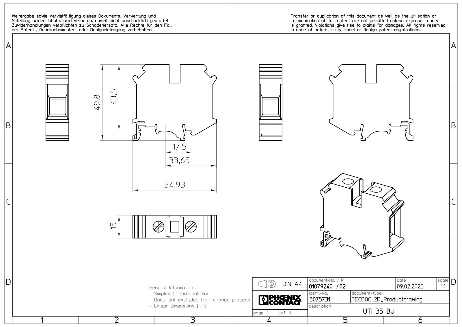 Reihenklemme 0,75-35qmm 1Etage bl 125A TS35 Hutschiene TH35