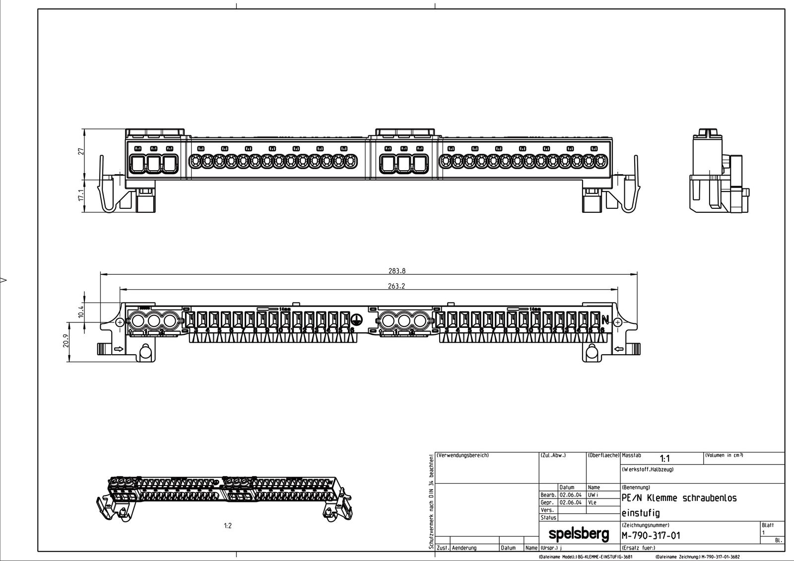 Hauptleitungsklemme 6Eing br/sw/gr 2pol berührsich rast Schraub/Federzug