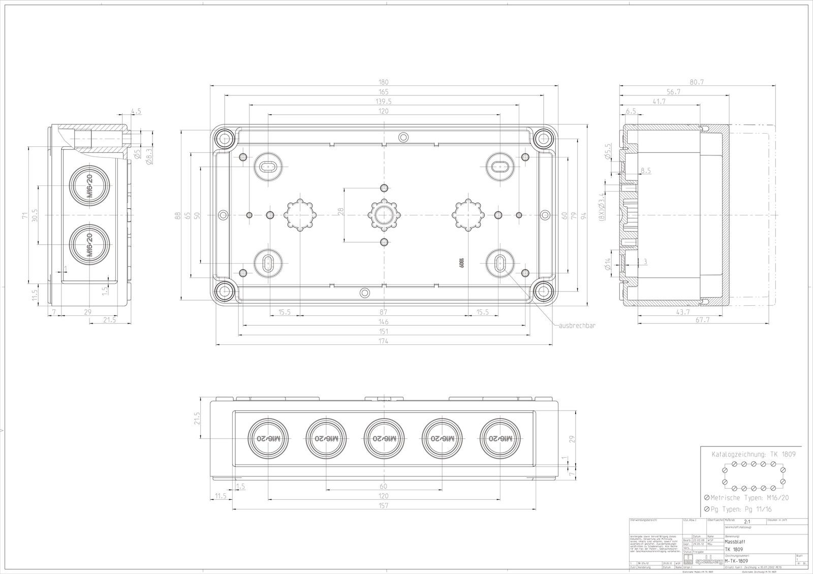 Leergehäuse Kst IP66 B110xH180xT84mm ET69mm geschl
