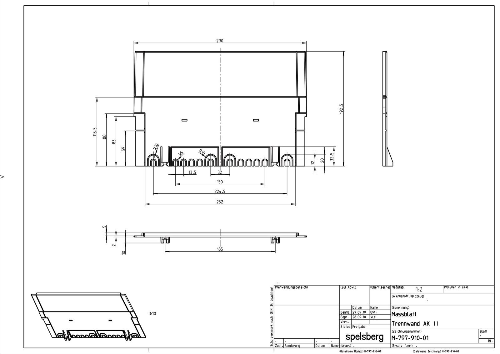 Trennwand Schrank Kst 290mm RAL7035