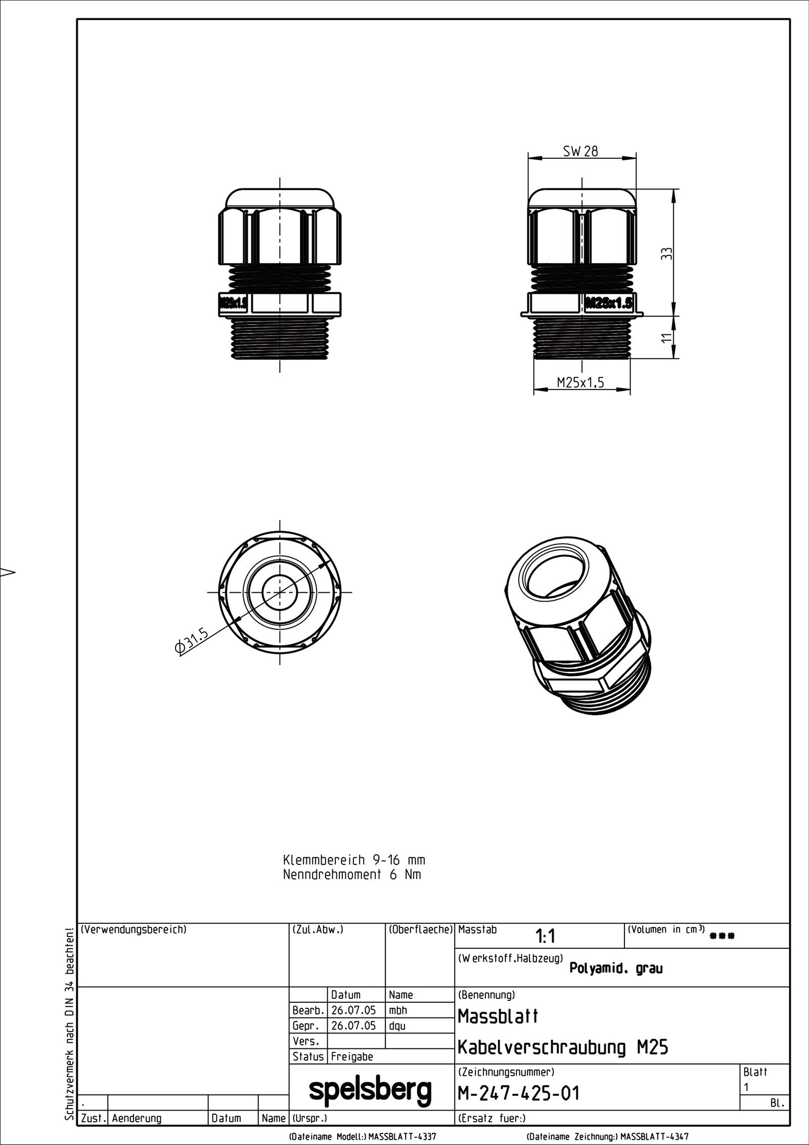 Kabelverschraubung M25 PA sw unbeh 8mm IP68 ger Polyamid (PA)
