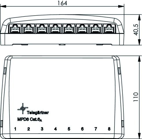Patchpanel 8Ports Cat6A Hutschiene Schirm RAL9010 40,5x164x110mm