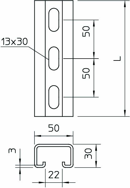 C-Profilschiene ST 3000x50x30mm 22mm D3mm Rück_gel