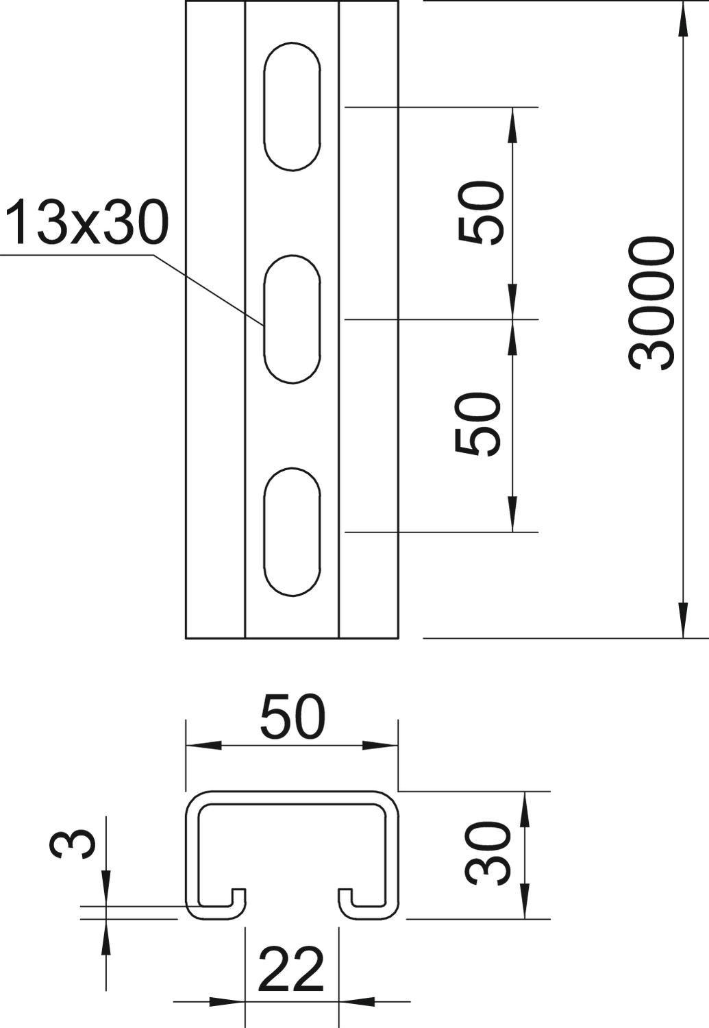 C-Profilschiene ST 3000x50x30mm 22mm D3mm Rück_gel
