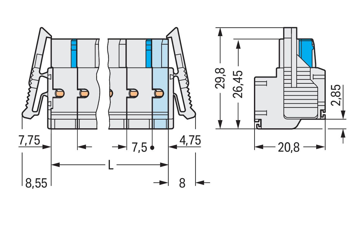 Klemmleiste 3p lgr Serie 721 16A 7,5mm 0,2-2,5qmm Thermopl Federzugans