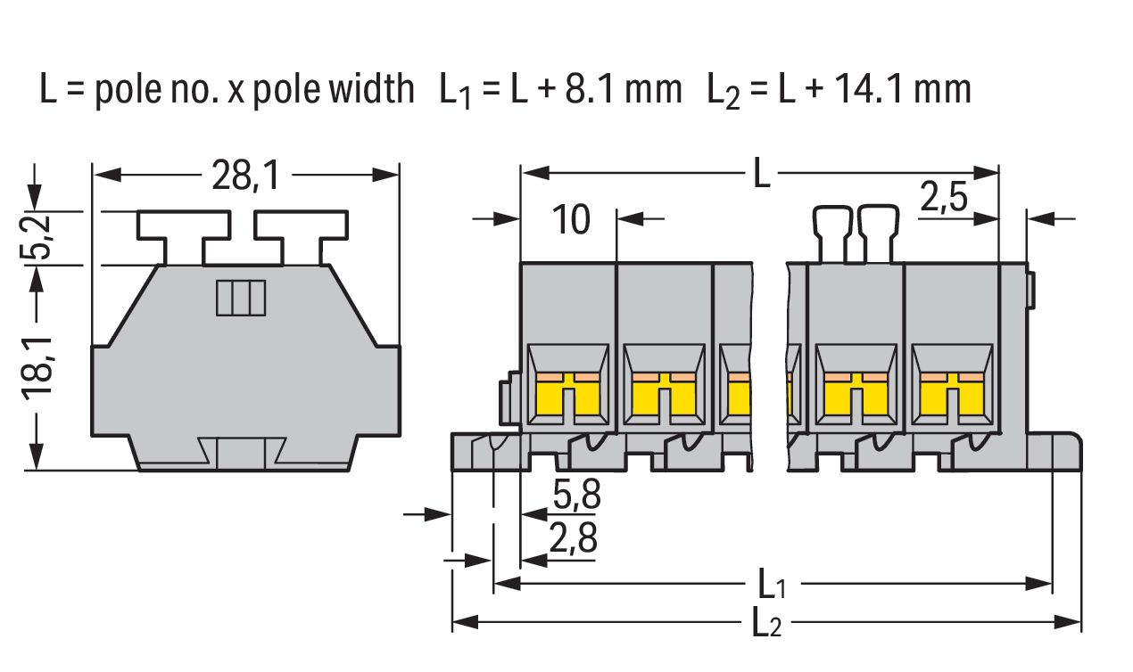 Klemmleiste 2p gr Serie 261 24A Thermopl 0,08-2,5qmm 34,5mm Federzugans