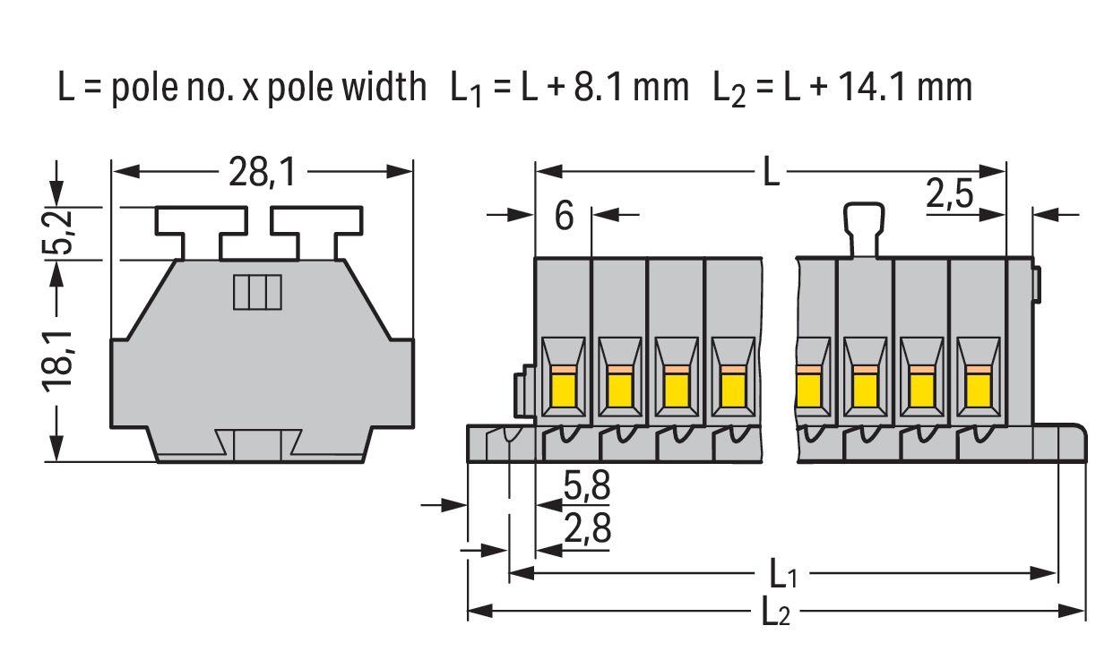 Klemmleiste 9p gr Serie 261 24A Thermopl 0,08-2,5qmm 68,5mm Federzugans