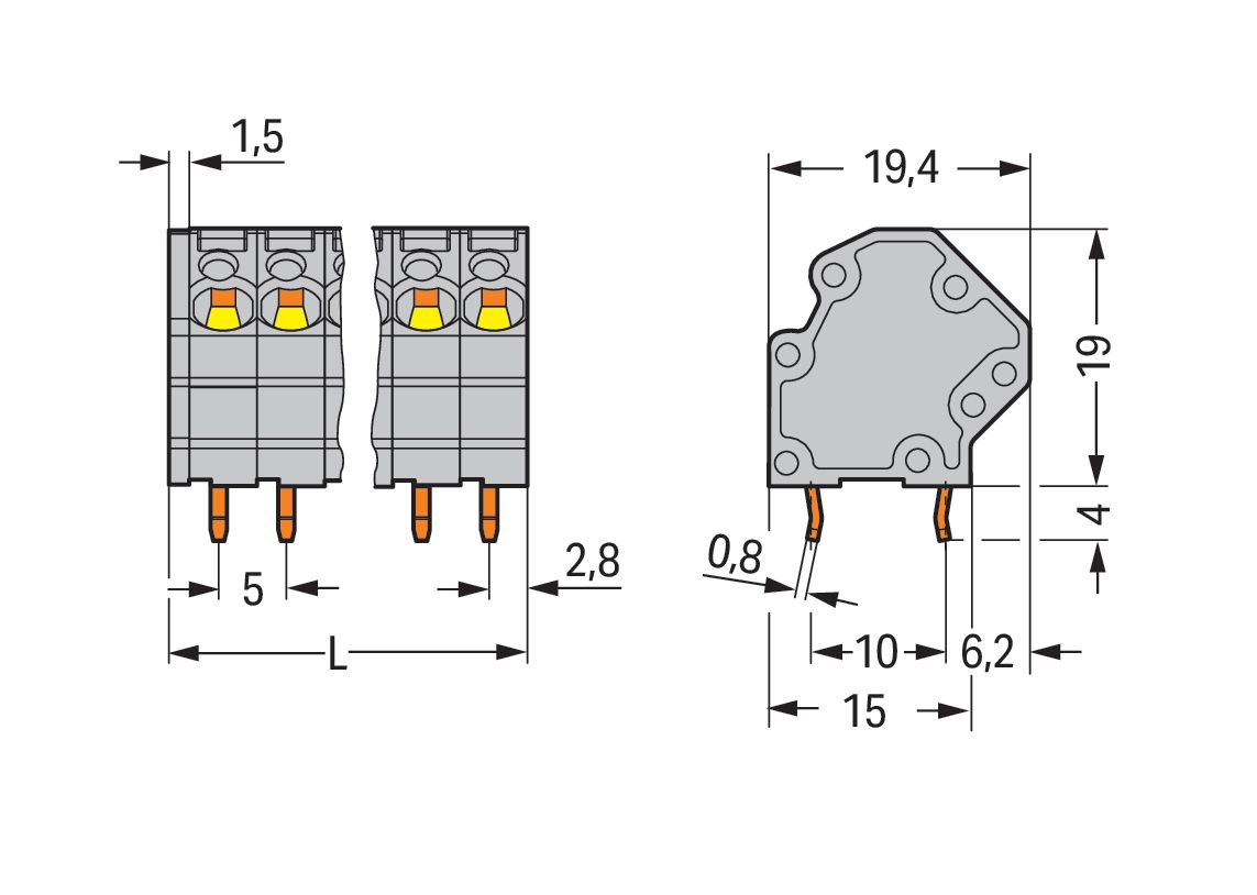 Printklemme 2f 1re gr Serie 745 RM=5 Federzuganschluss/Lötanschluss 0,25-4qmm