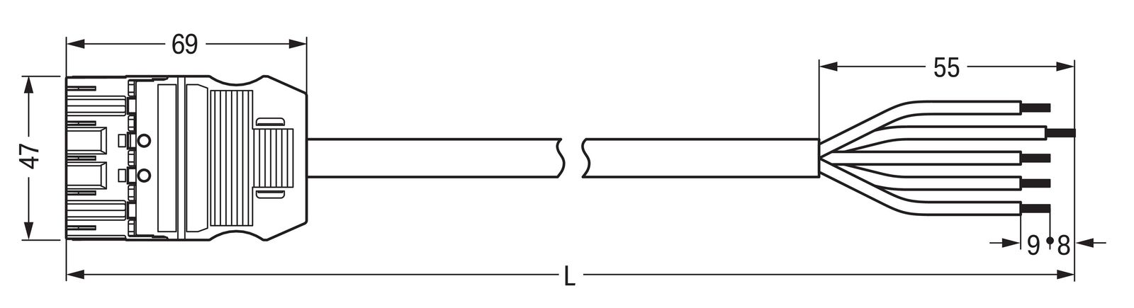 Systemverbindung 5p Serie 771 H05VV-F sw 1,5qmm 5x1,5qmm L5000mm Stecker fr.Ende