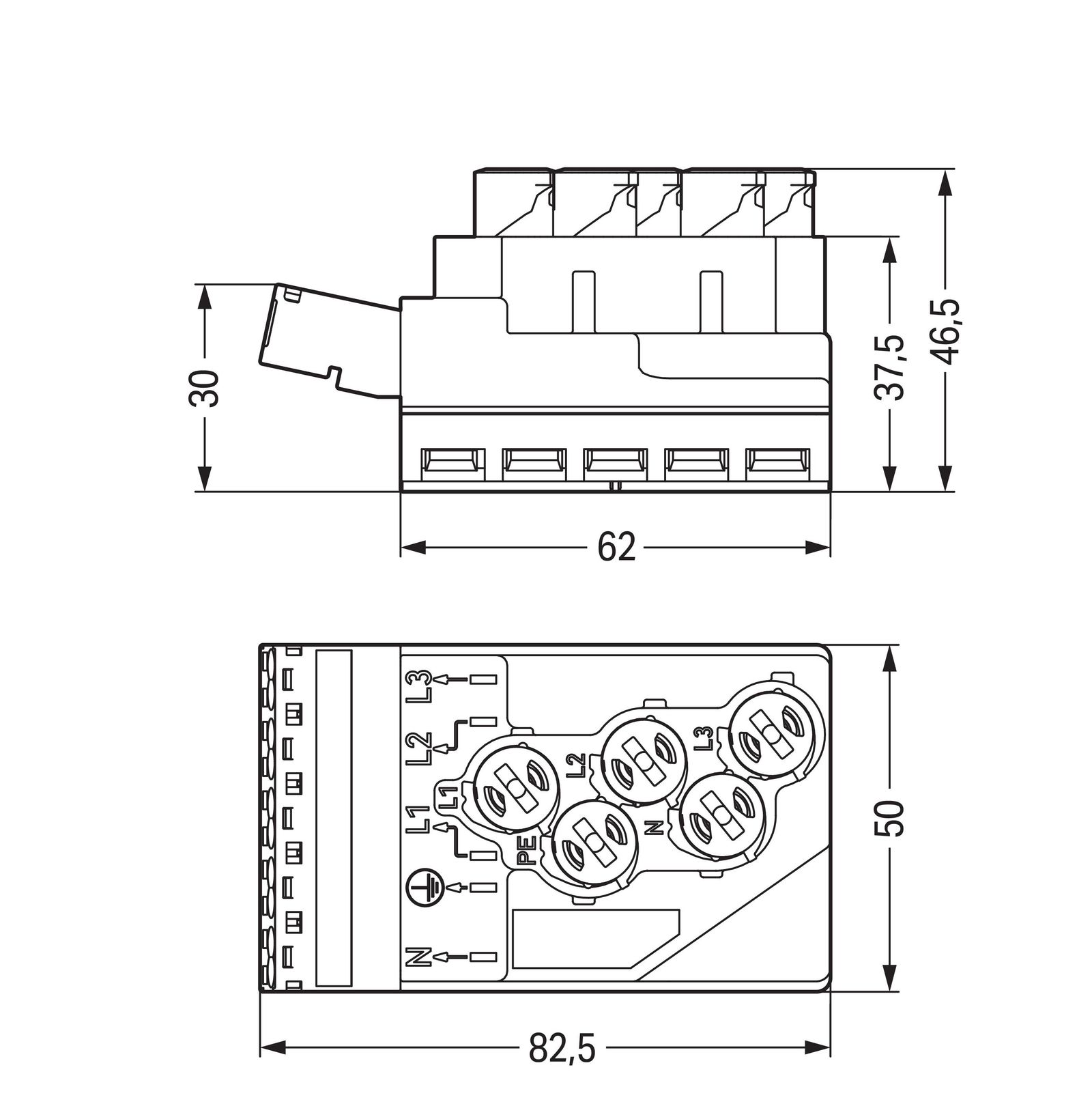 Flachleitungsadapter Serie 772 5p 4qmm 400V 25A sw Einspeisung Federzugans hfr