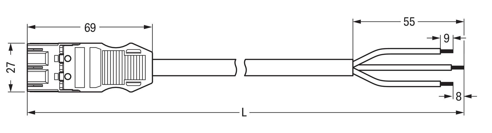 Systemverbindung 3p Serie 771 H05VV-F sw 2,5qmm 3x2,5qmm L6000mm Stecker fr.Ende