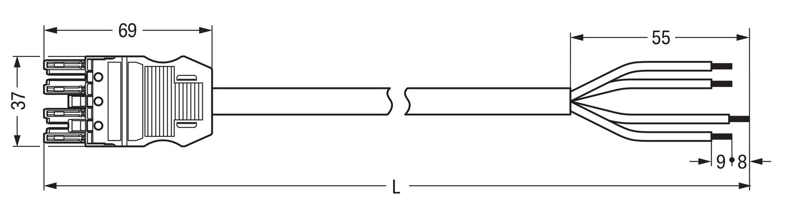 Systemverbindung 4p H05Z1Z1-F 1,5qmm sw L6000mm 4x1,5qmm Buchse fr.Ende 16A