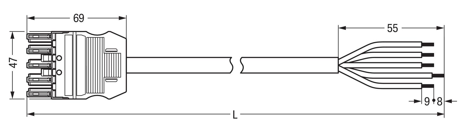 Systemverbindung 5p Serie 771 H05Z1Z1-F 5x2,5qmm L6000mm sw Buchse fr.Ende hfr