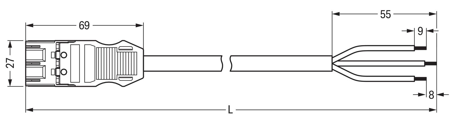 Systemverbindung 3p Serie 771 H05Z1Z1-F 3x1,5qmm L8000mm ws Stecker fr.Ende hfr
