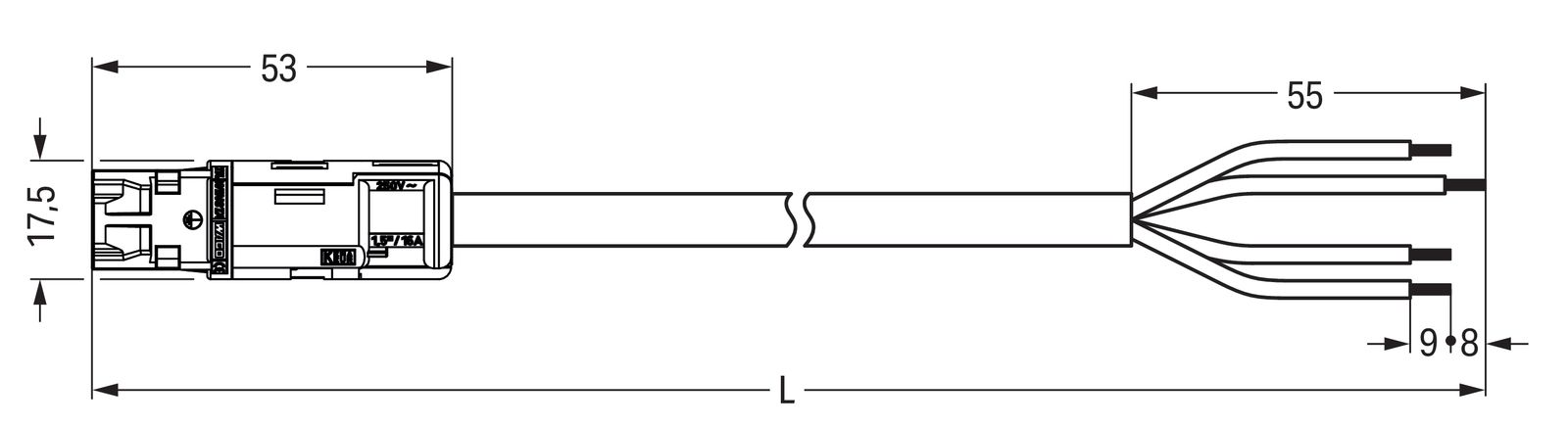 Systemverbindung 4p Serie 774 H05VV-F sw 1,5qmm 4x1,5qmm L8000mm Stecker fr.Ende