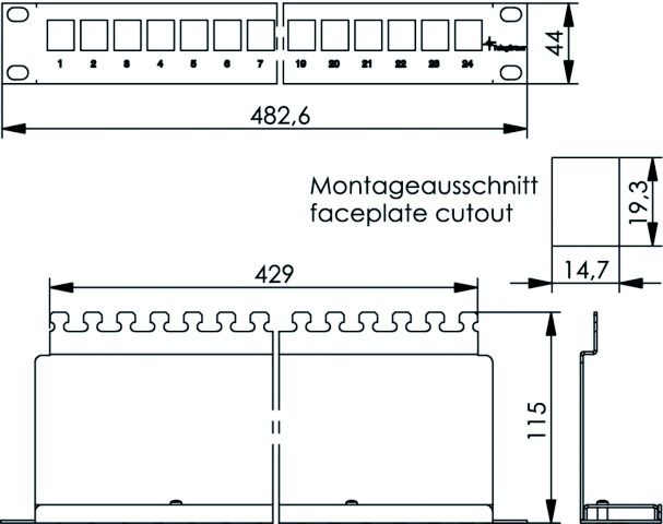 Patchpanel 24Ports 1HE Schirm 44x482,6x115mm 19Zoll-Einbau