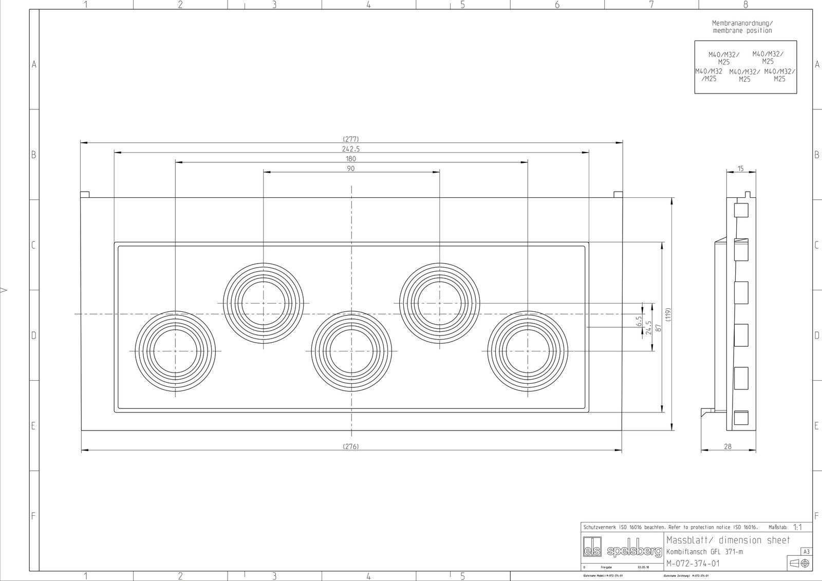 Einführungsflansch Kst 320x119mm unbeh Kabelverschr Vorprägungen